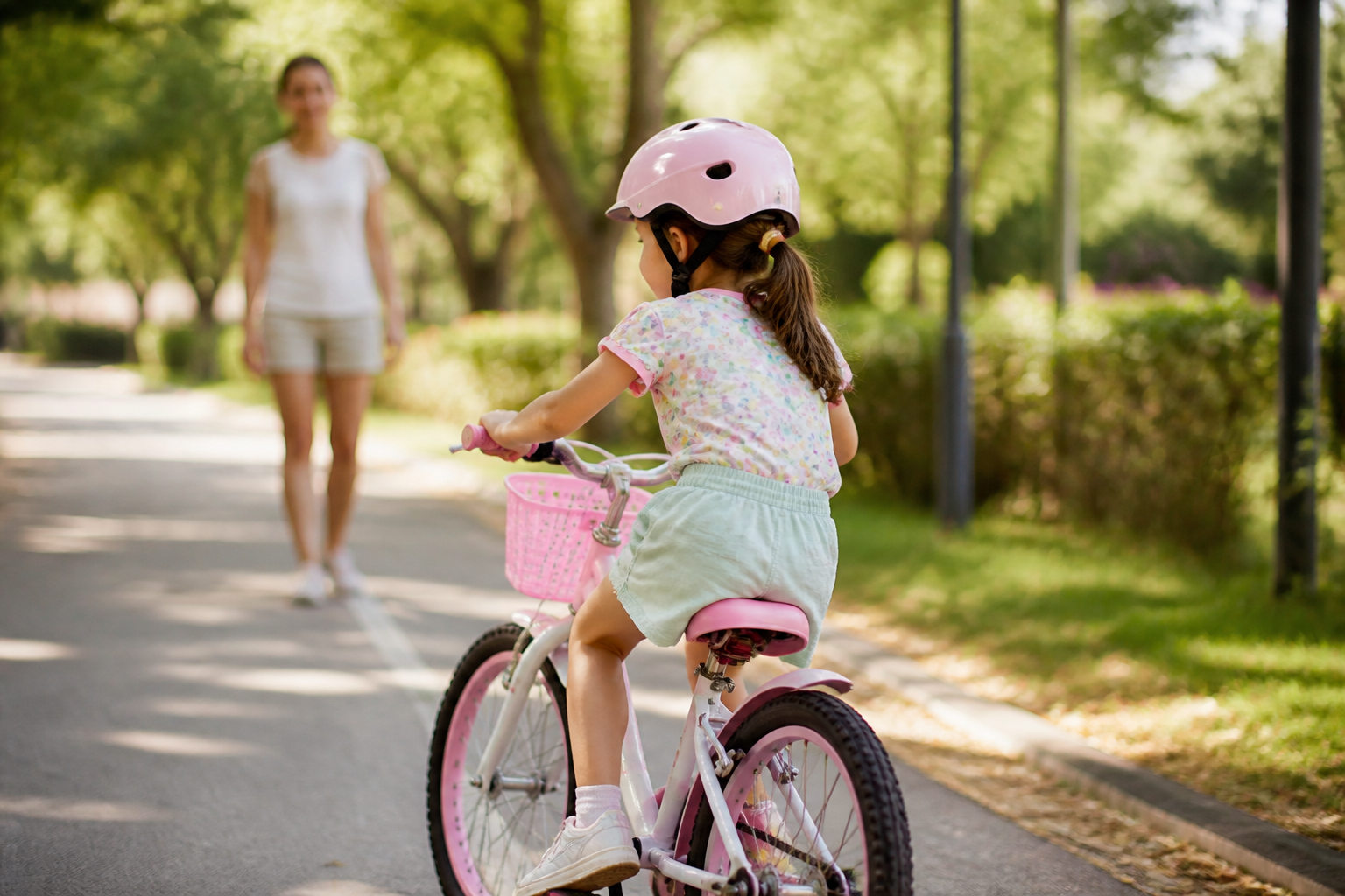 Passeio de bicicleta infantil em parque com roupa confortável e capacete