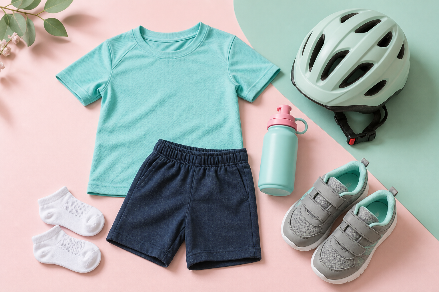 Checklist visual de roupa infantil, tênis, capacete e garrafinha para bicicleta