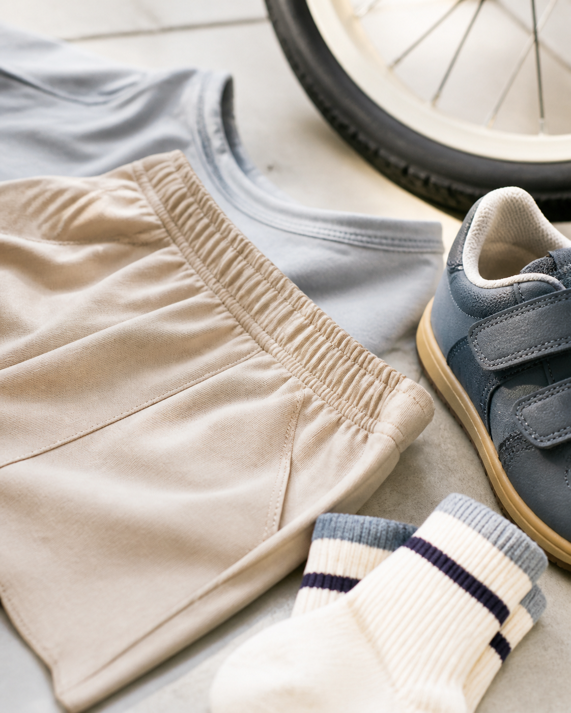 Detalhe de tecido, cós confortável, meia e tênis para passeio de bicicleta infantil
