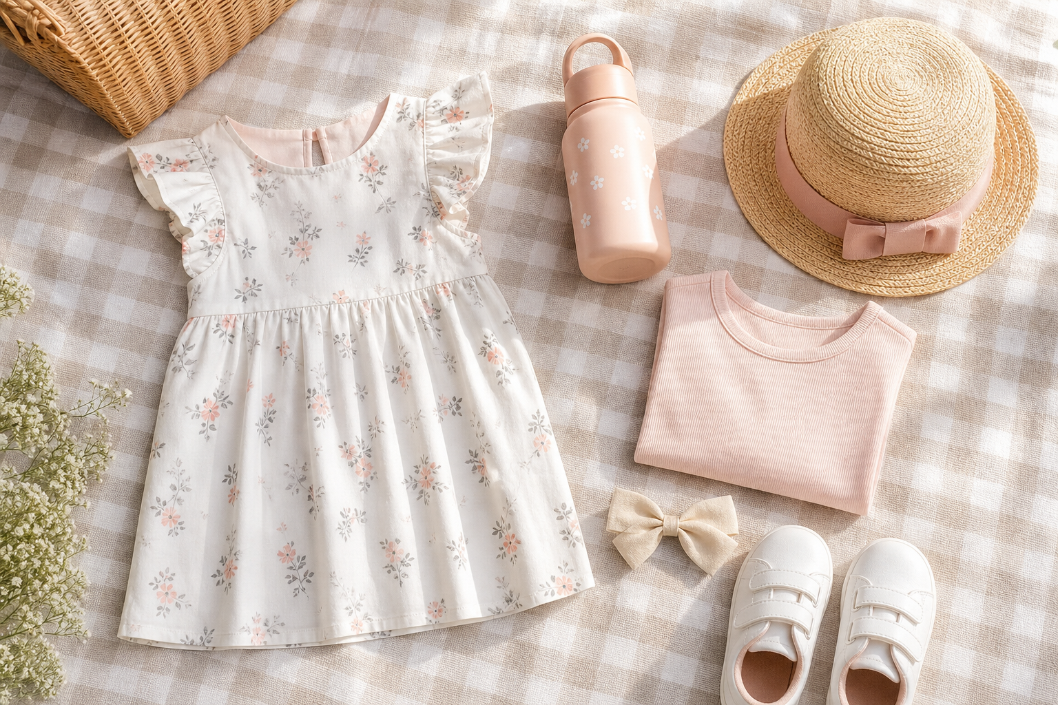 Vestido camiseta tênis chapéu e garrafa de água para passeio infantil