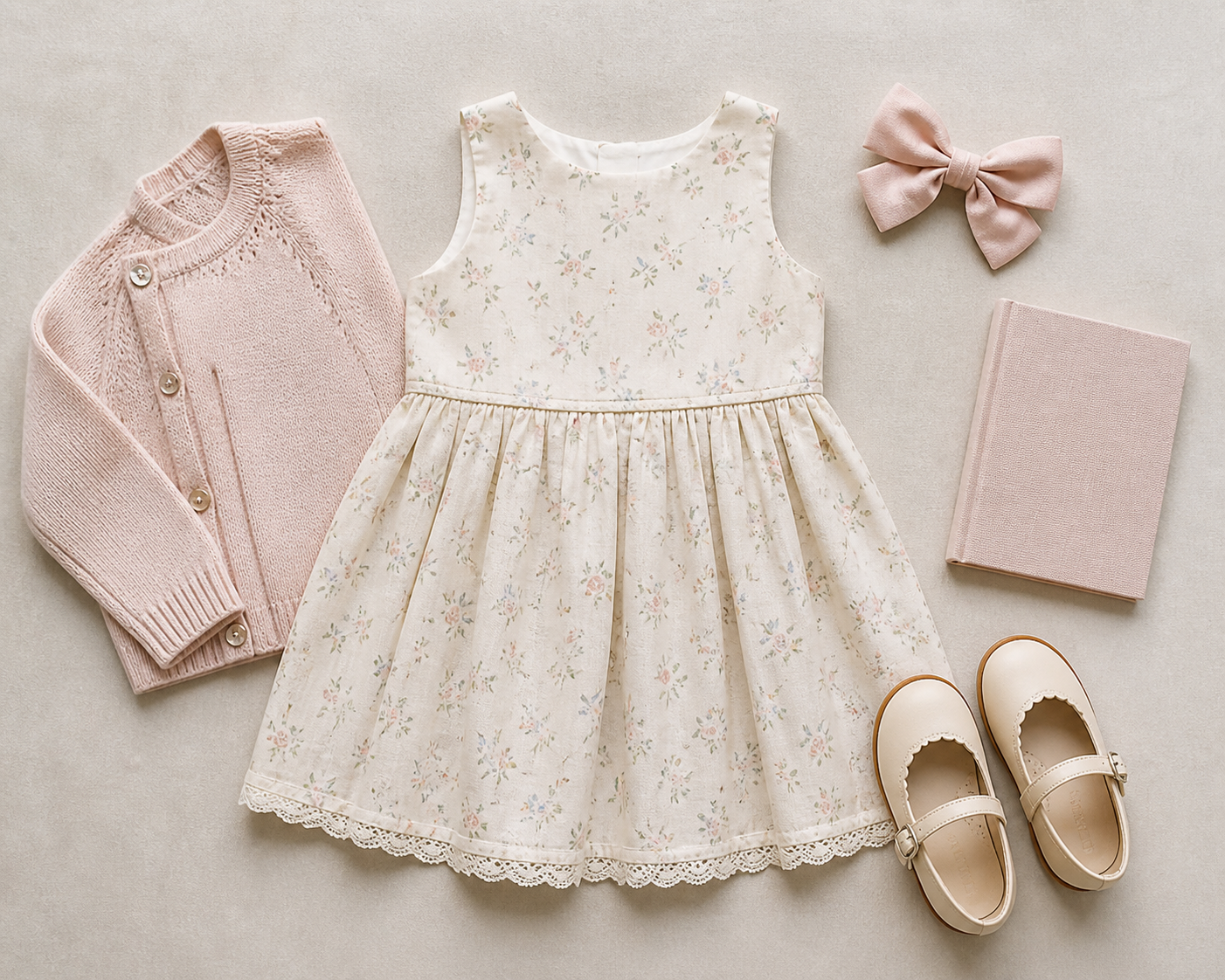 Vestido cardigan sapato e laço para cerimônia escolar
