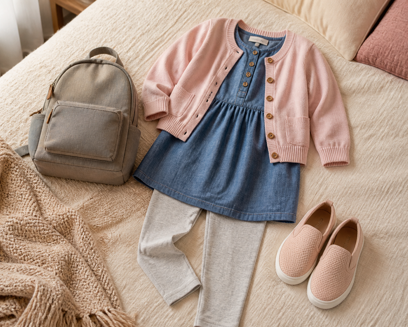 Look infantil com vestido leve, cardigan, tênis e mochila para viagem