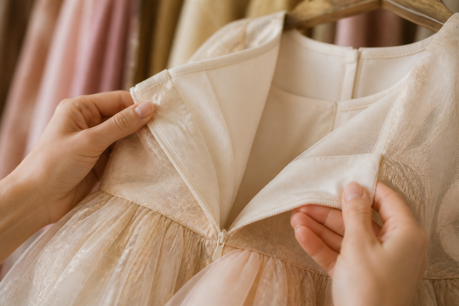Detalhes do tecido, forro, cintura e costura de um vestido infantil para aniversário