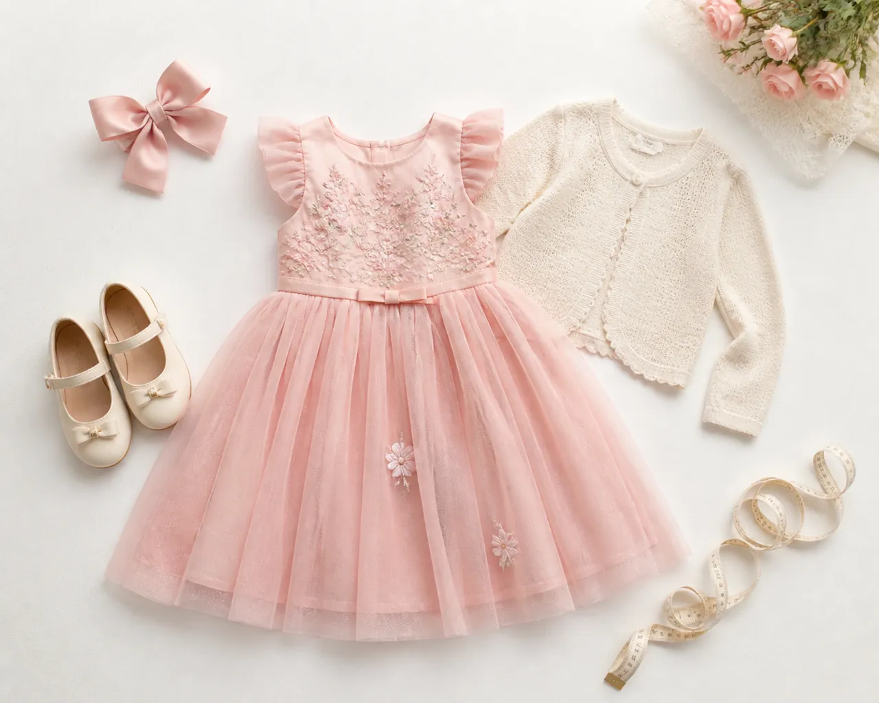 Vestido infantil rosa com casaquinho sapatos laço e fita métrica para conferir tamanho antes da festa