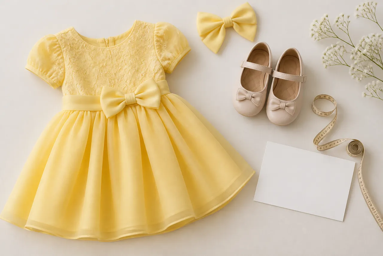 Vestido infantil amarelo com sapatinho, laço e fita métrica para conferir tamanho antes da compra