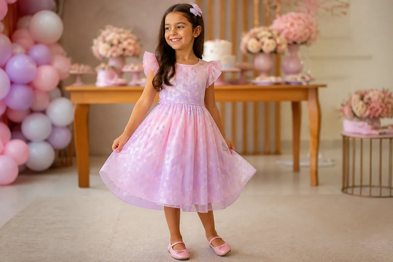 Menina usando vestido infantil rosa e lilás em festa de aniversário com balões