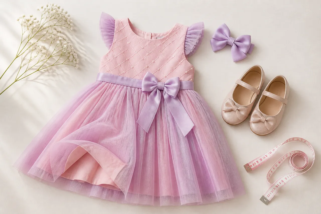 Vestido infantil rosa e lilás com sapato laço e fita métrica para conferir tamanho e tecido