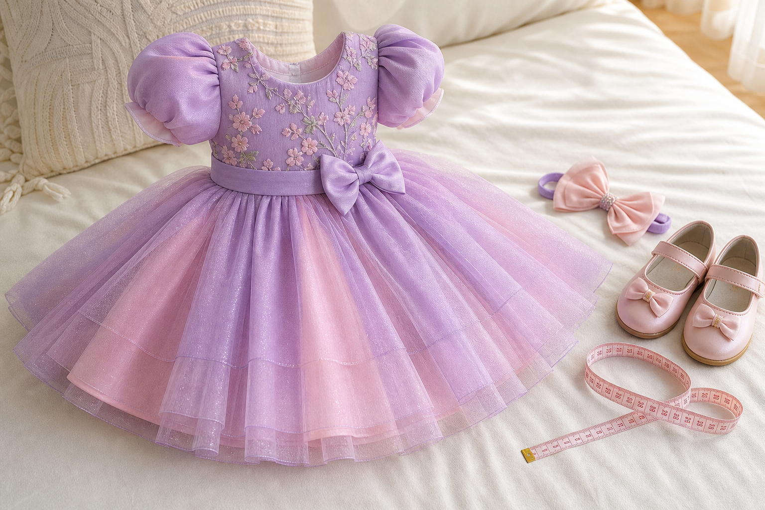 Vestido infantil lilás com laço, sandálias, fita métrica e sapatos para escolher tamanho