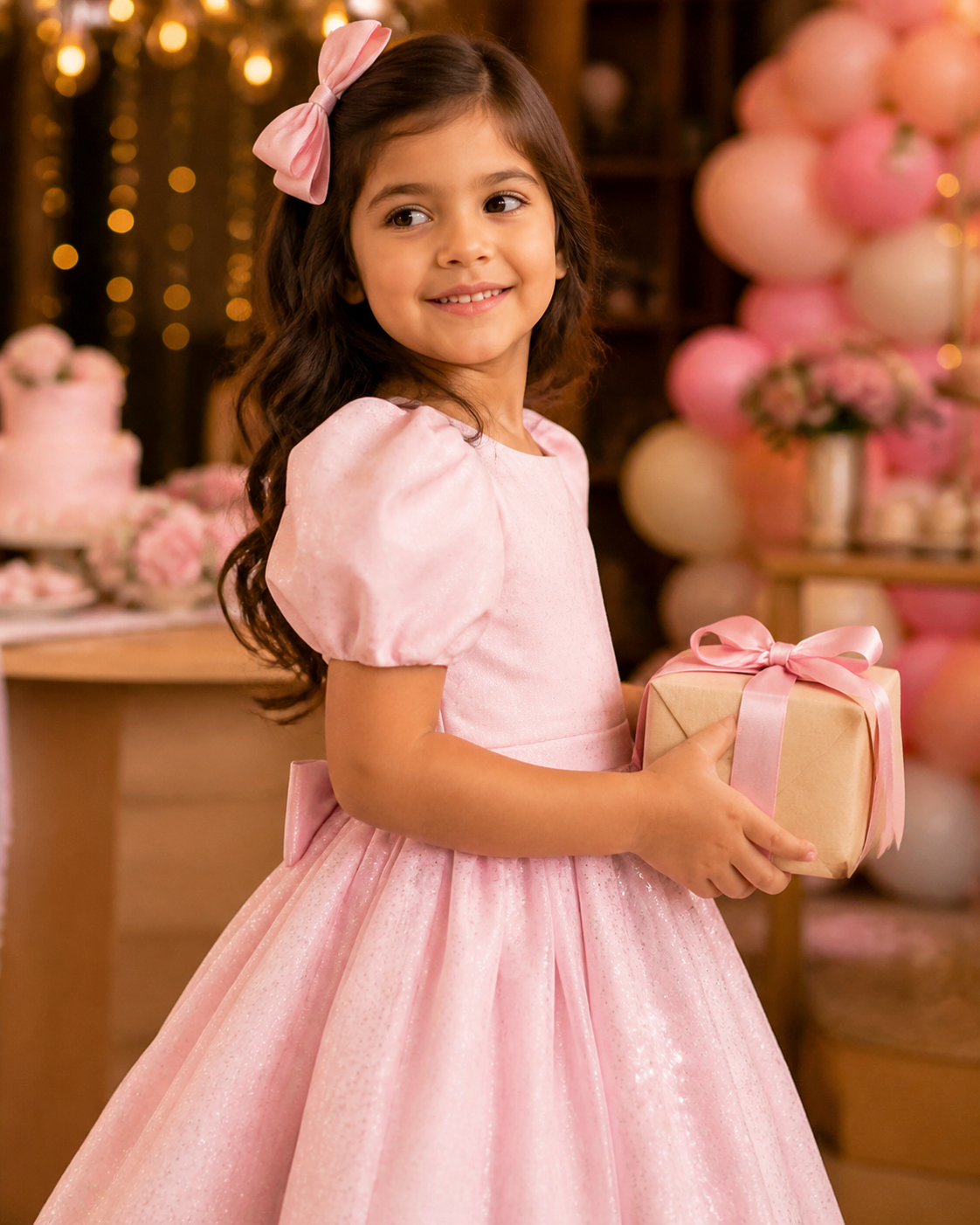 Menina usando vestido infantil rosa confortável em comemoração de aniversário
