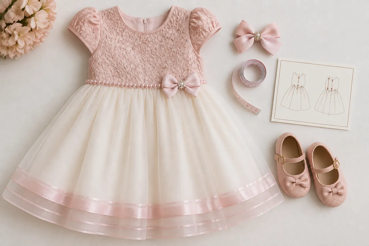 Vestido infantil de aniversário com sapatinhos, laço e fita métrica para conferir tamanho antes da compra online