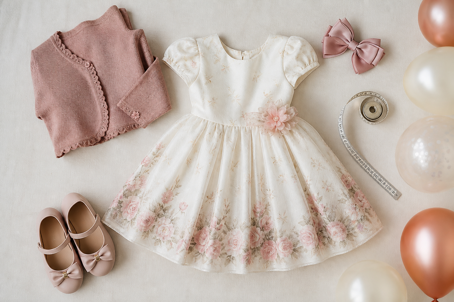 Vestido infantil de aniversário com sapatilha, laço, casaquinho e fita métrica para planejar tamanho e acessórios
