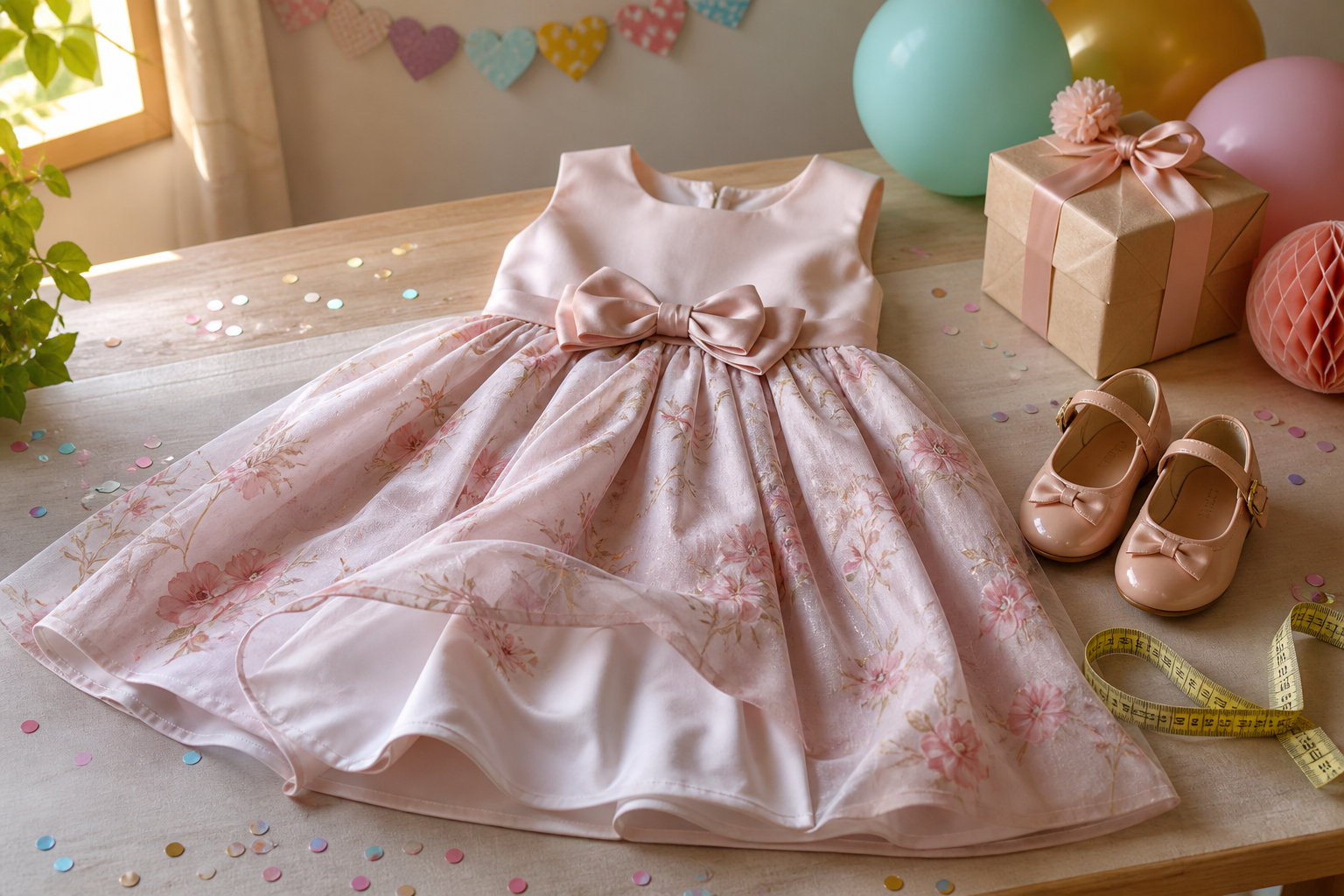 Vestido infantil de aniversário com laço, sapatos e fita métrica