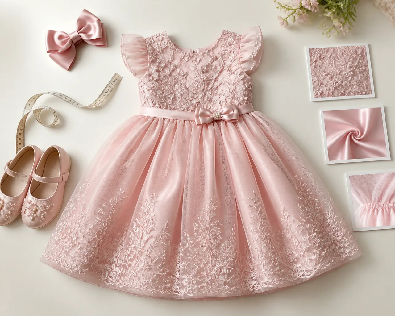 Vestido infantil rosa com sapato, laço e fita métrica para conferir tamanho, tecido e acessórios