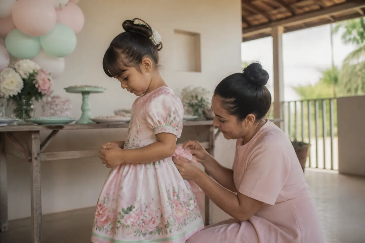 Menina com vestido infantil de aniversário enquanto a mãe ajusta o laço e o caimento da peça