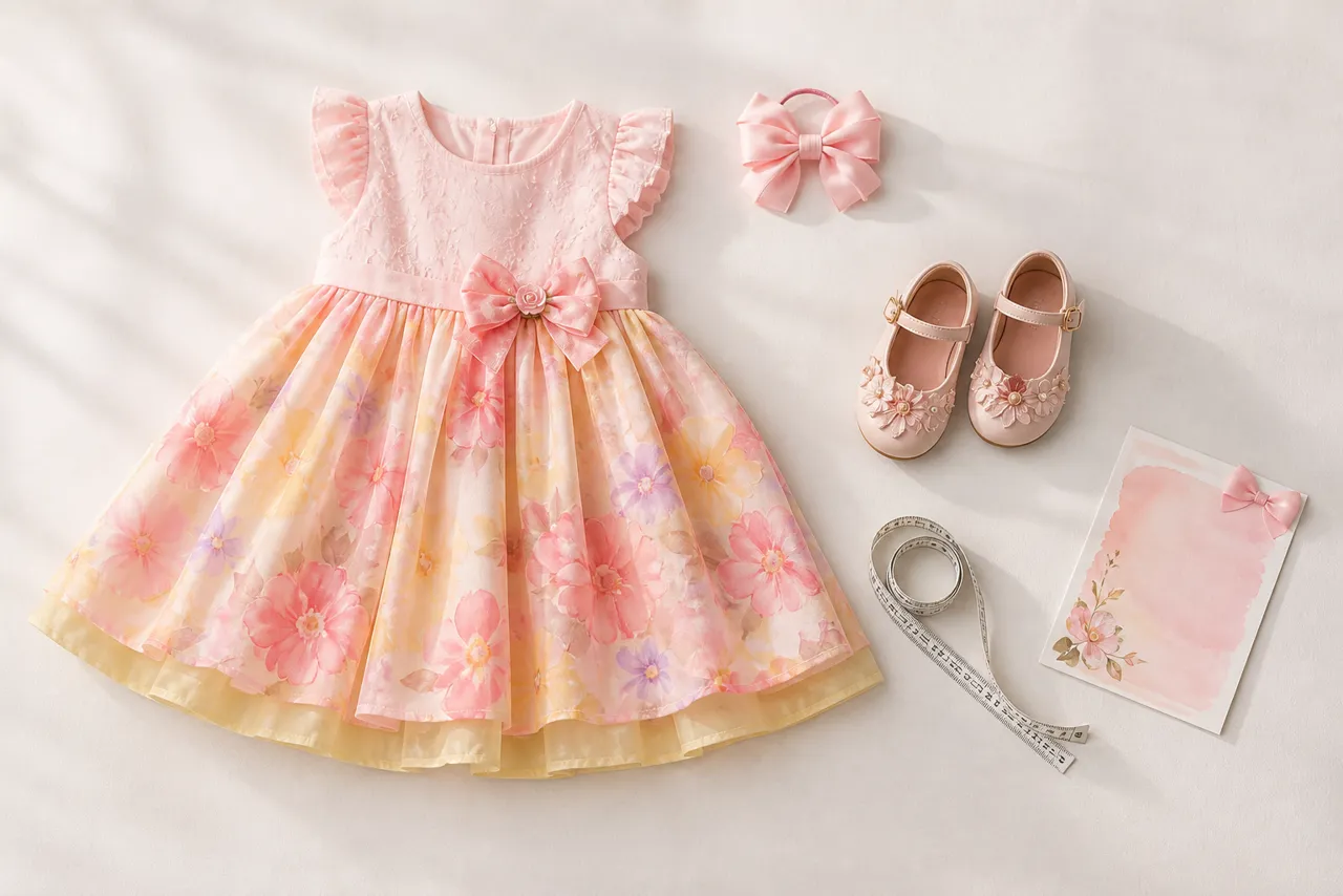 Vestido infantil de aniversário com laço, sapatinhos e fita métrica para conferir tamanho