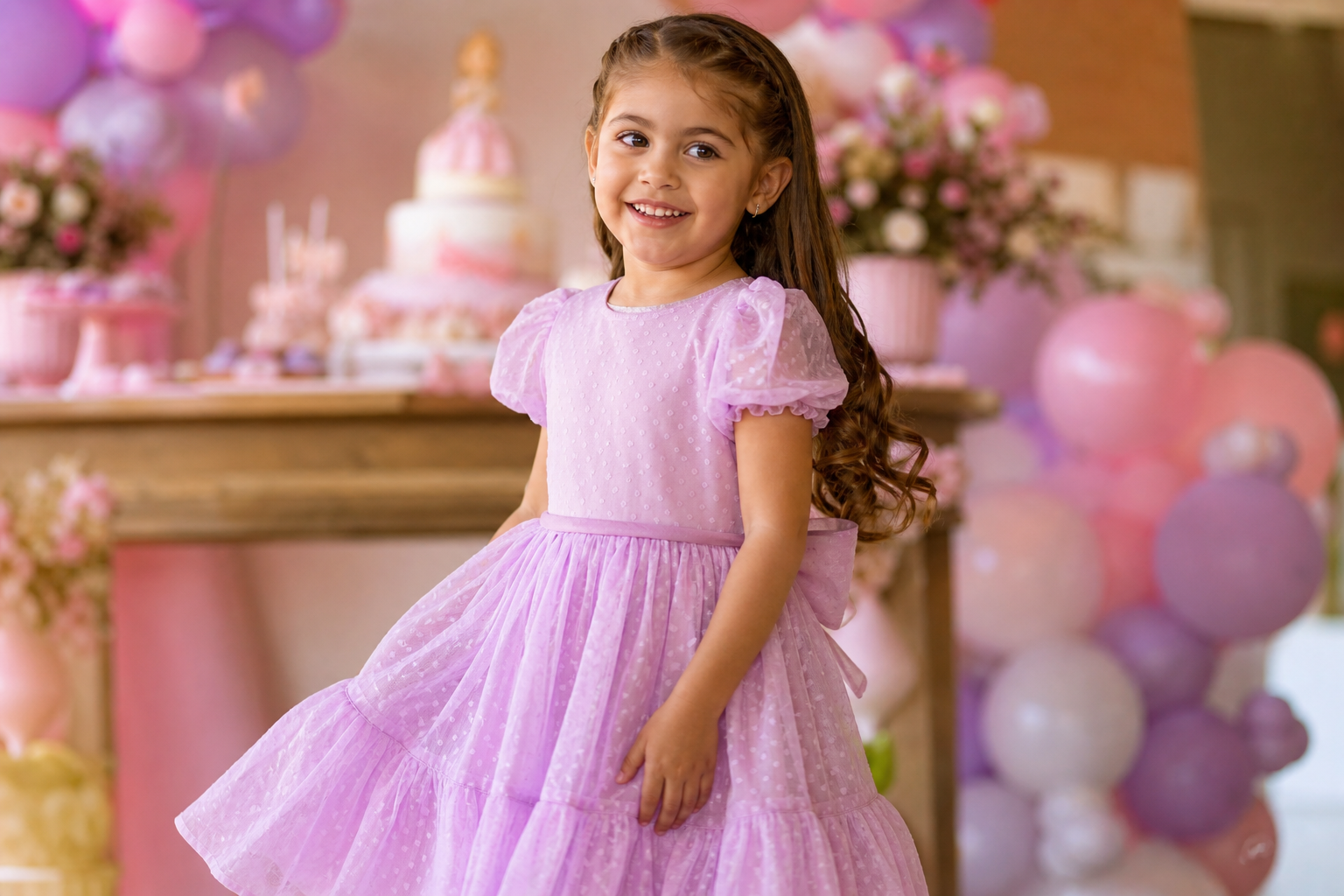 Menina usando vestido infantil rosa confortável em festa de aniversário com balões