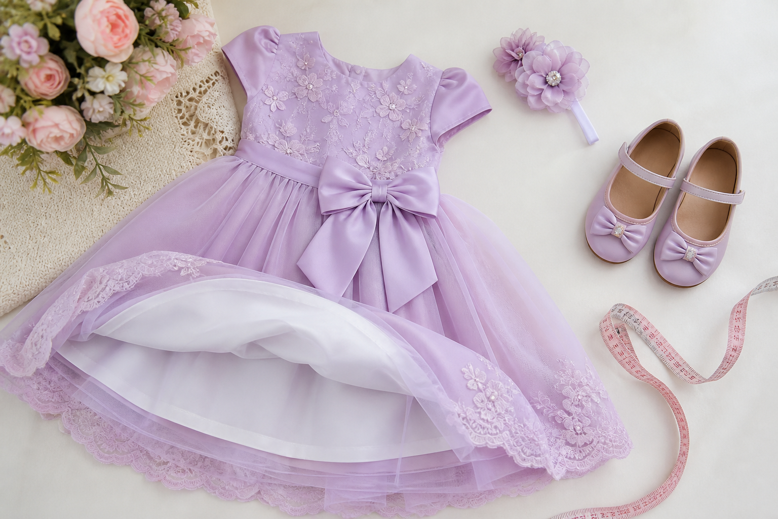 Vestido infantil lilás com forro, tule, sapatilhas e fita métrica para conferir tamanho