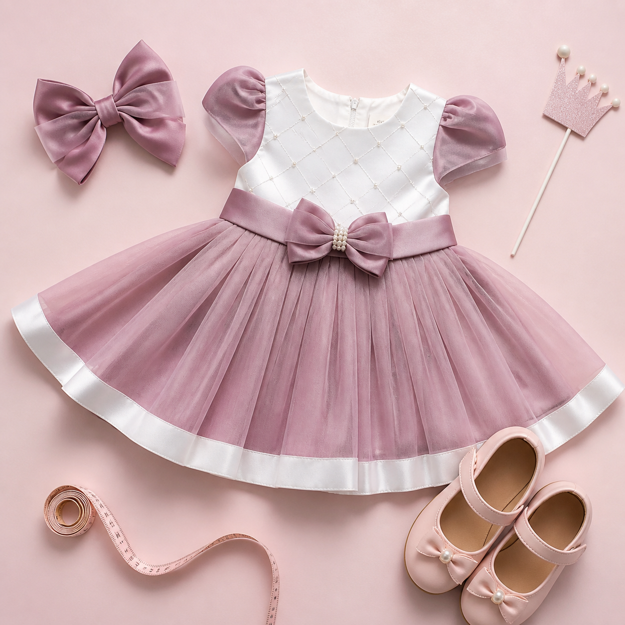 Vestido infantil laço sapato e acessório para ensaio de aniversário