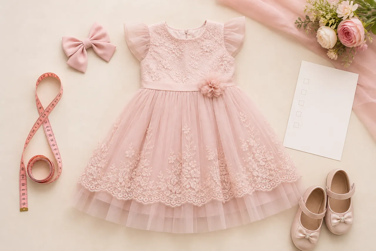 Vestido infantil de festa com fita métrica, laço e sapatinhos para escolher tamanho antes da compra online