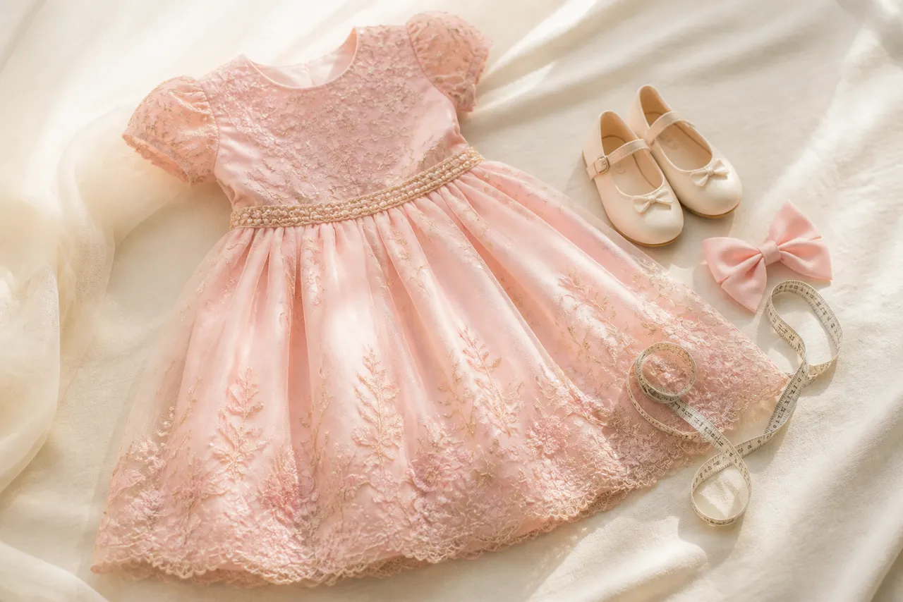 Vestido infantil de festa com sapatinho, laço e fita métrica para conferir tamanho antes da compra