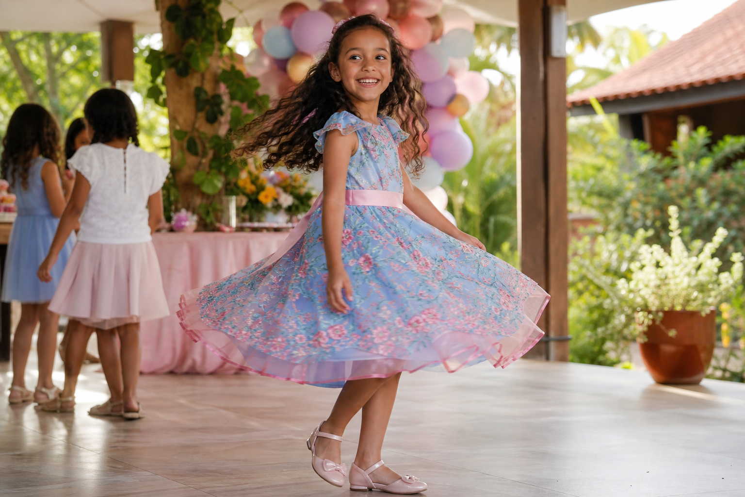 Menina usando vestido infantil confortável para festa em Campo Alegre de Goiás