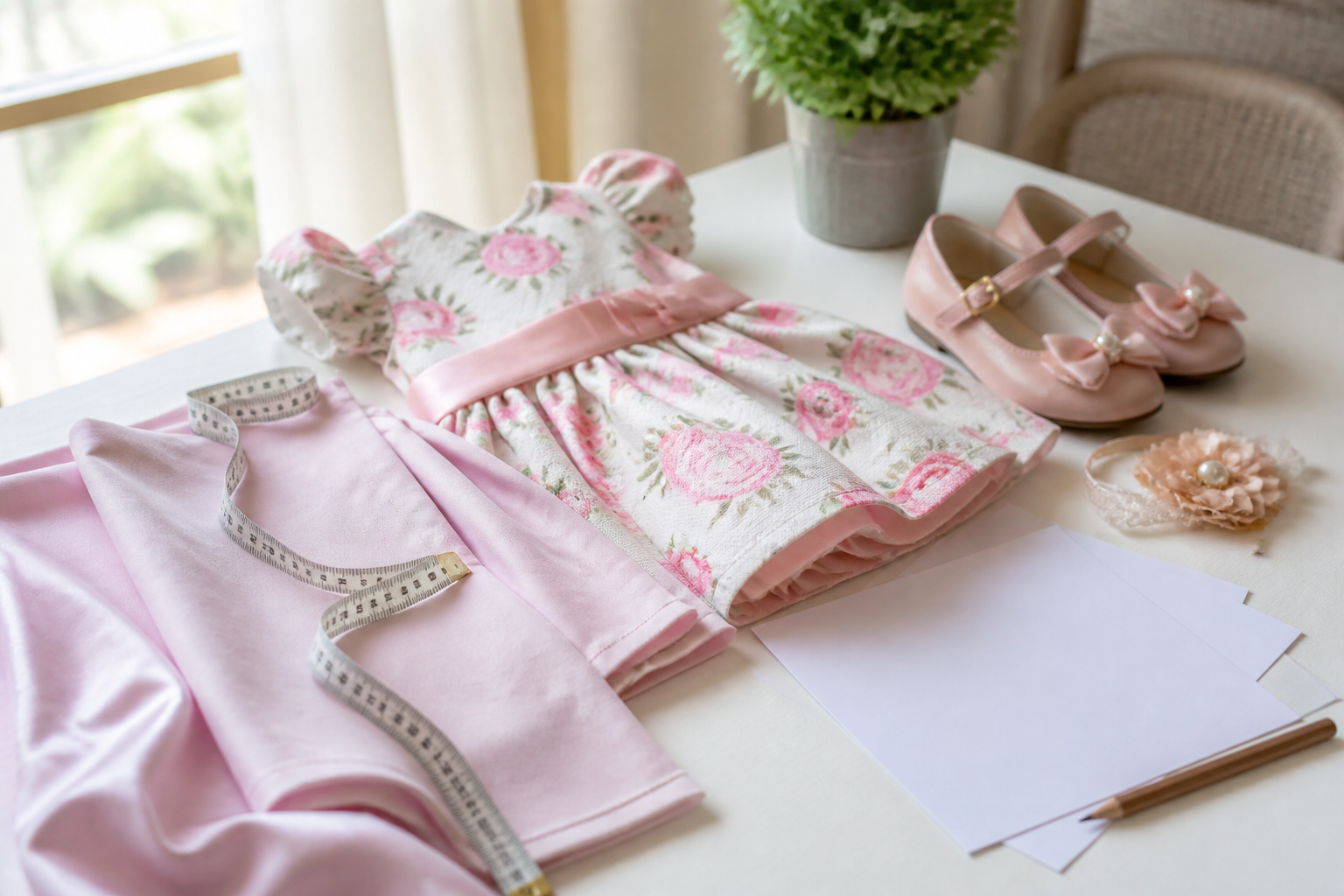 Vestido infantil de festa com laço, sapatos e fita métrica