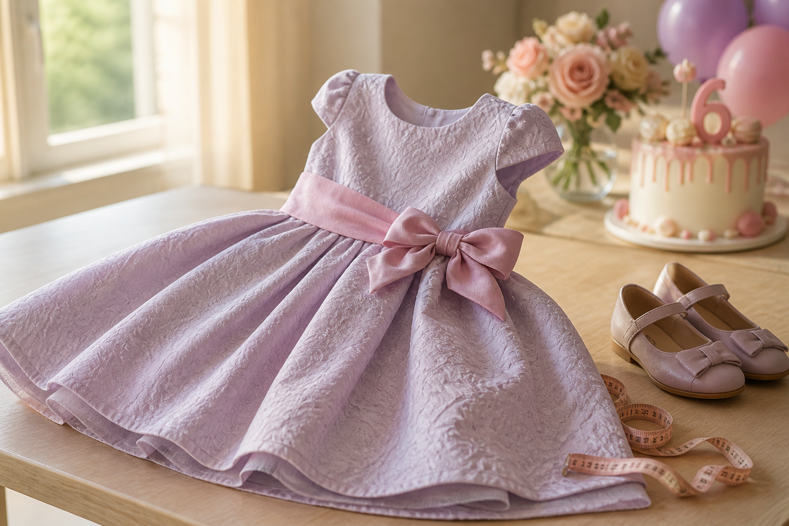 Vestido infantil de festa com laço, sapatos e fita métrica