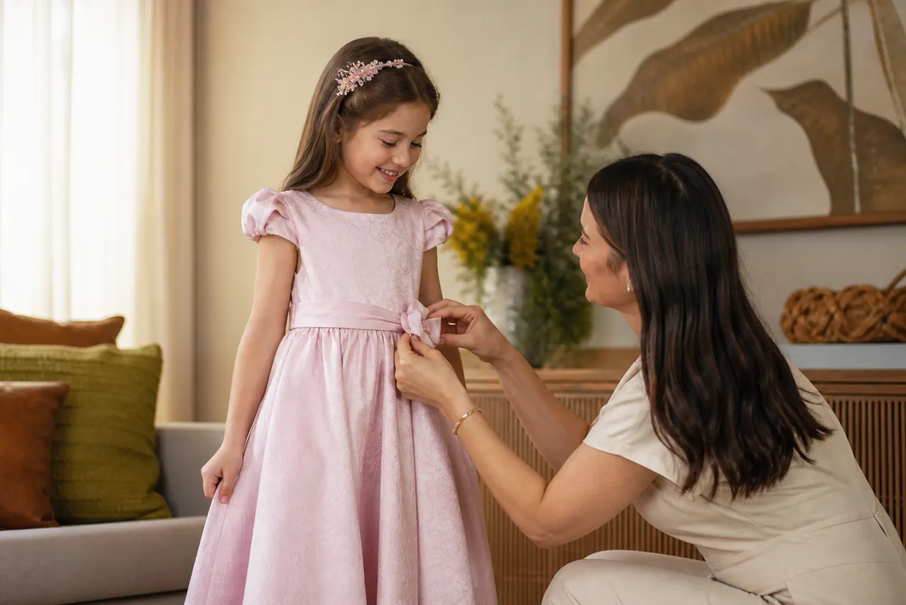 Menina experimentando vestido infantil rosa de festa com a mãe ajustando a cintura antes da comemoração em Chapadão do Céu