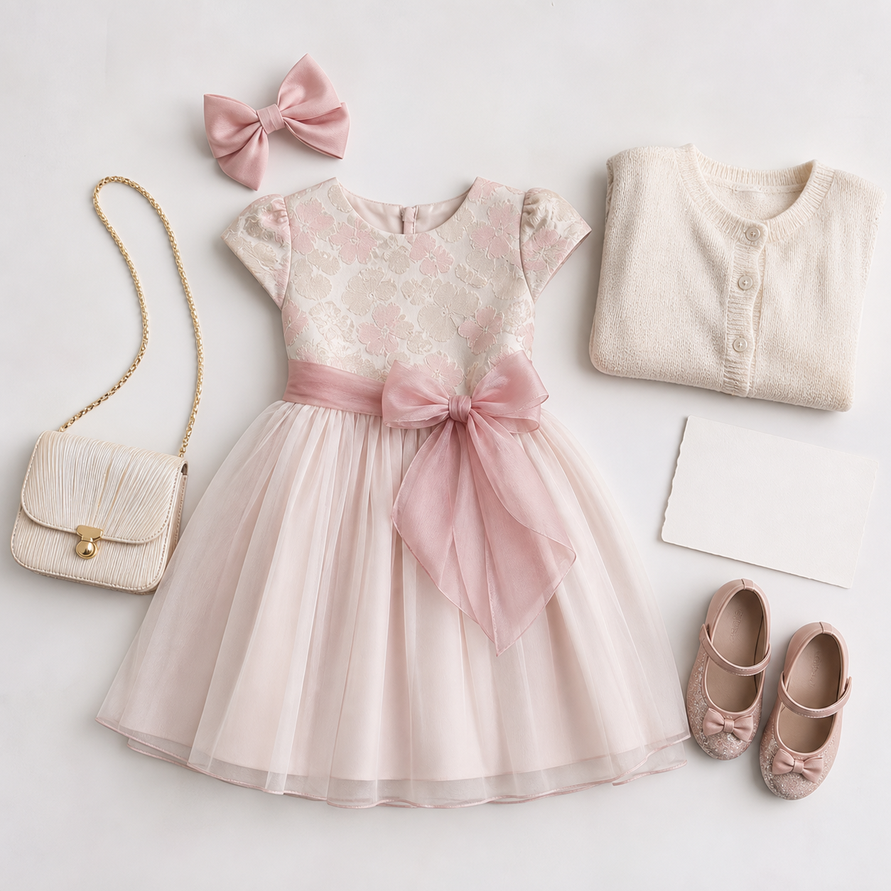 Vestido infantil laço sapatilha cardigan e bolsa para festa em condomínio