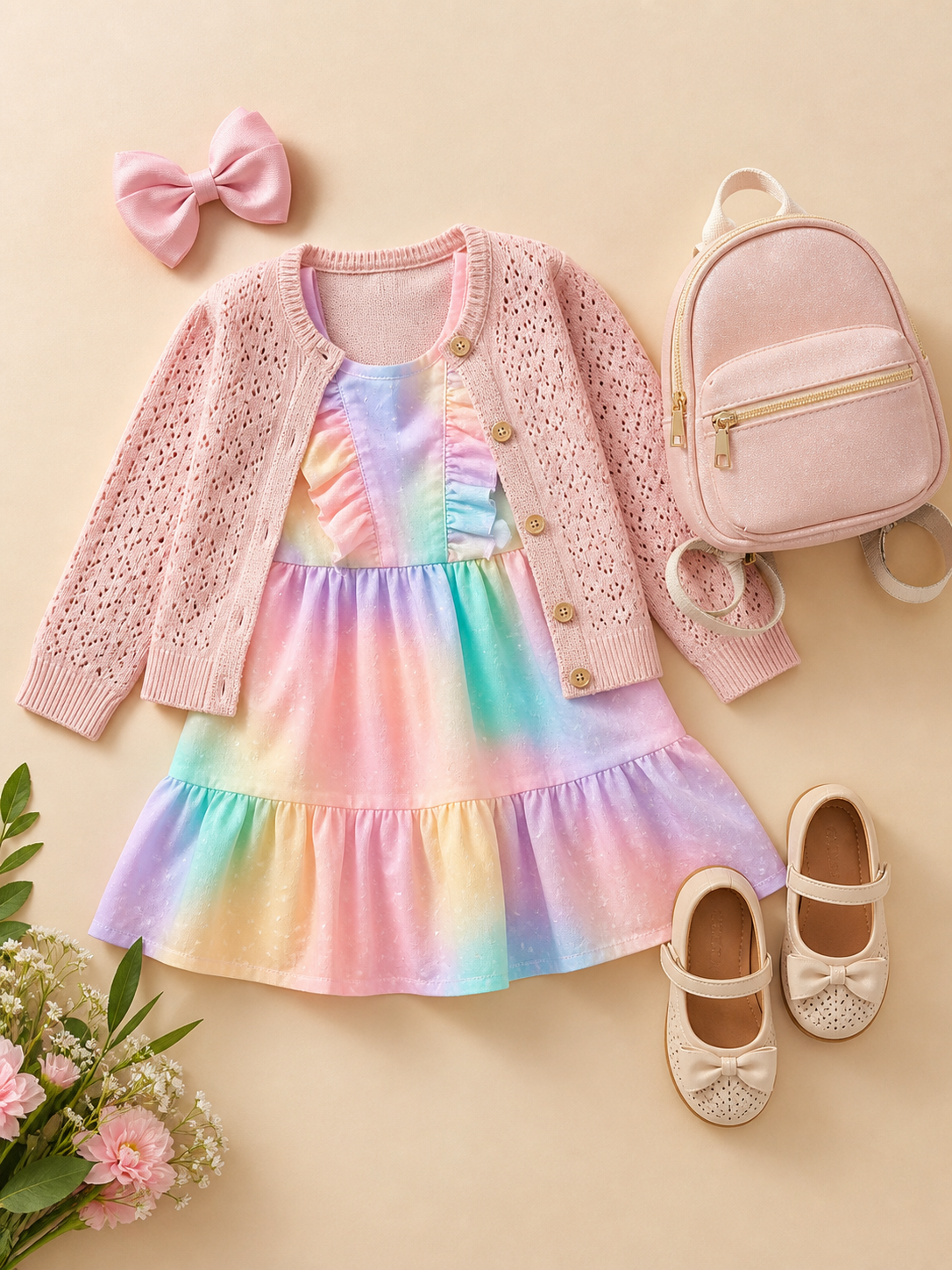 Vestido infantil cardigan laço mochila e sapatos para festa na escola