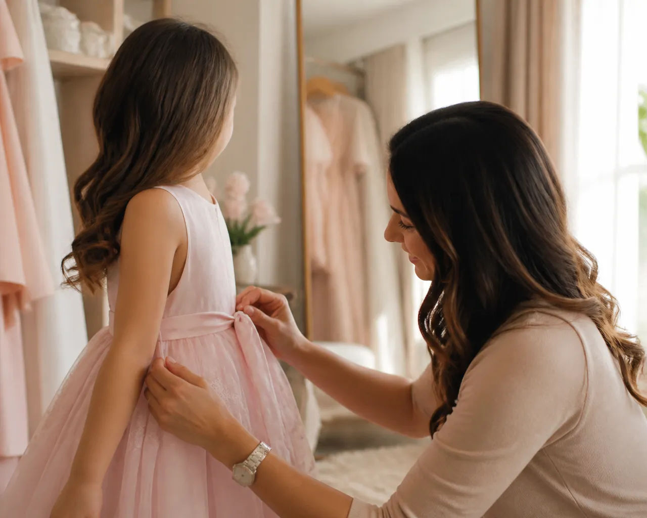 Menina experimentando vestido infantil rosa de festa com a mãe ajustando a cintura antes da comemoração em Goianápolis