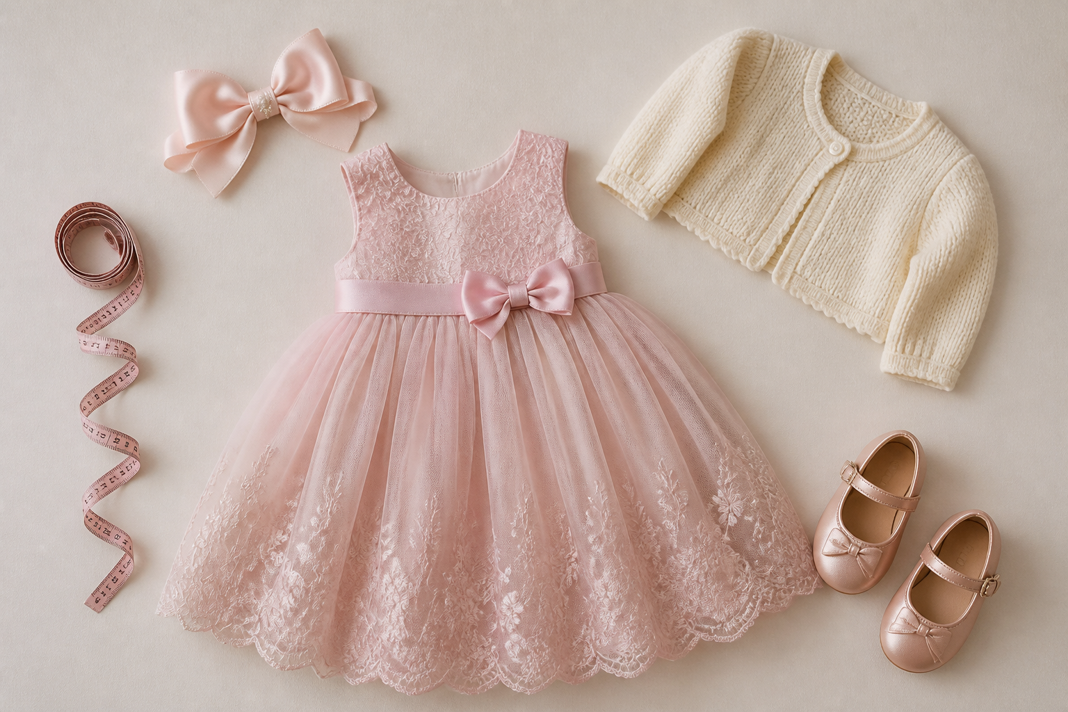 Vestido infantil de festa com fita métrica, laço, sapatinhos e casaquinho para planejar tamanho e acessórios