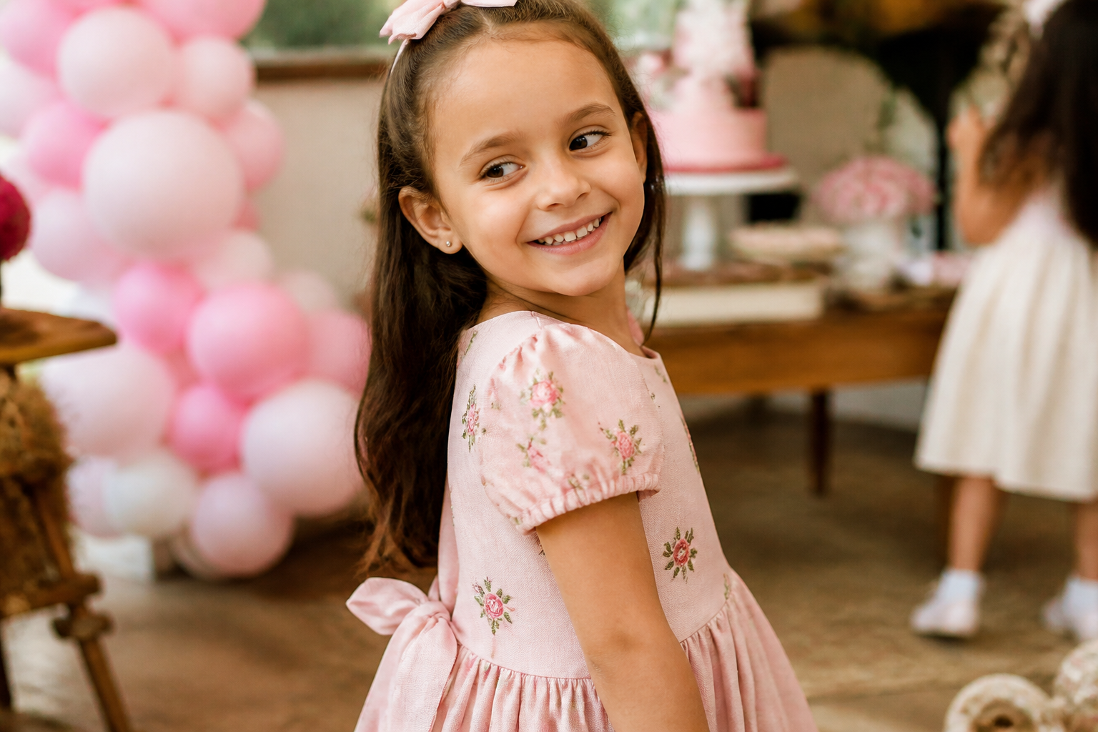 Menina usando vestido floral infantil em festa de aniversário em Aparecida de Goiânia