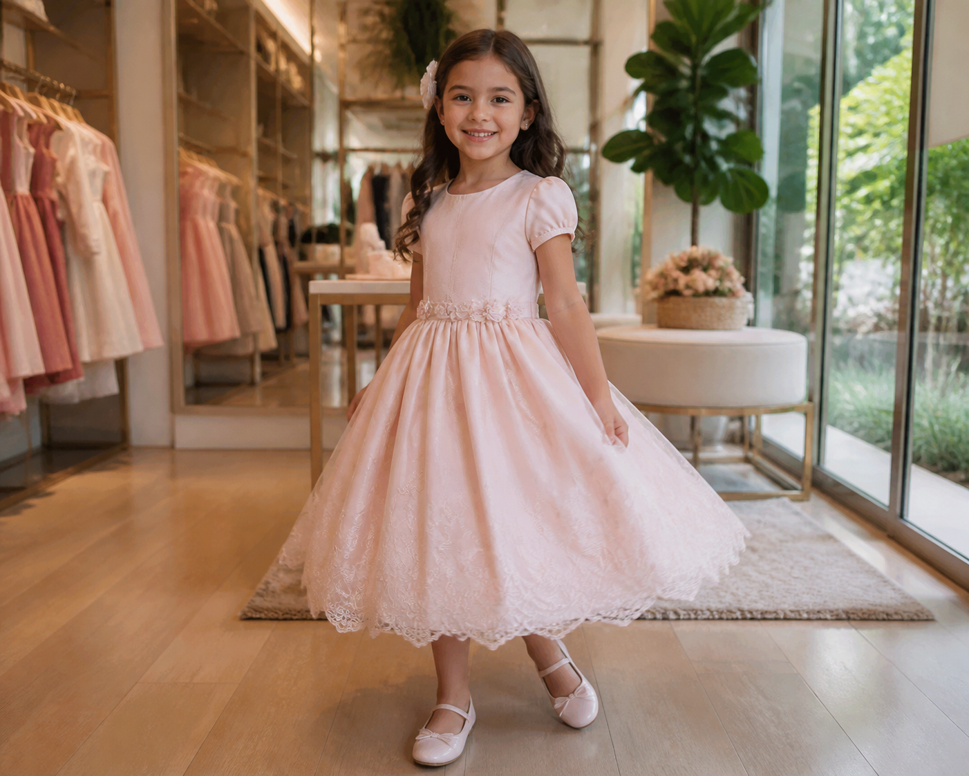 Menina usando vestido infantil de festa em boutique no Jardim Gramado, Goiânia