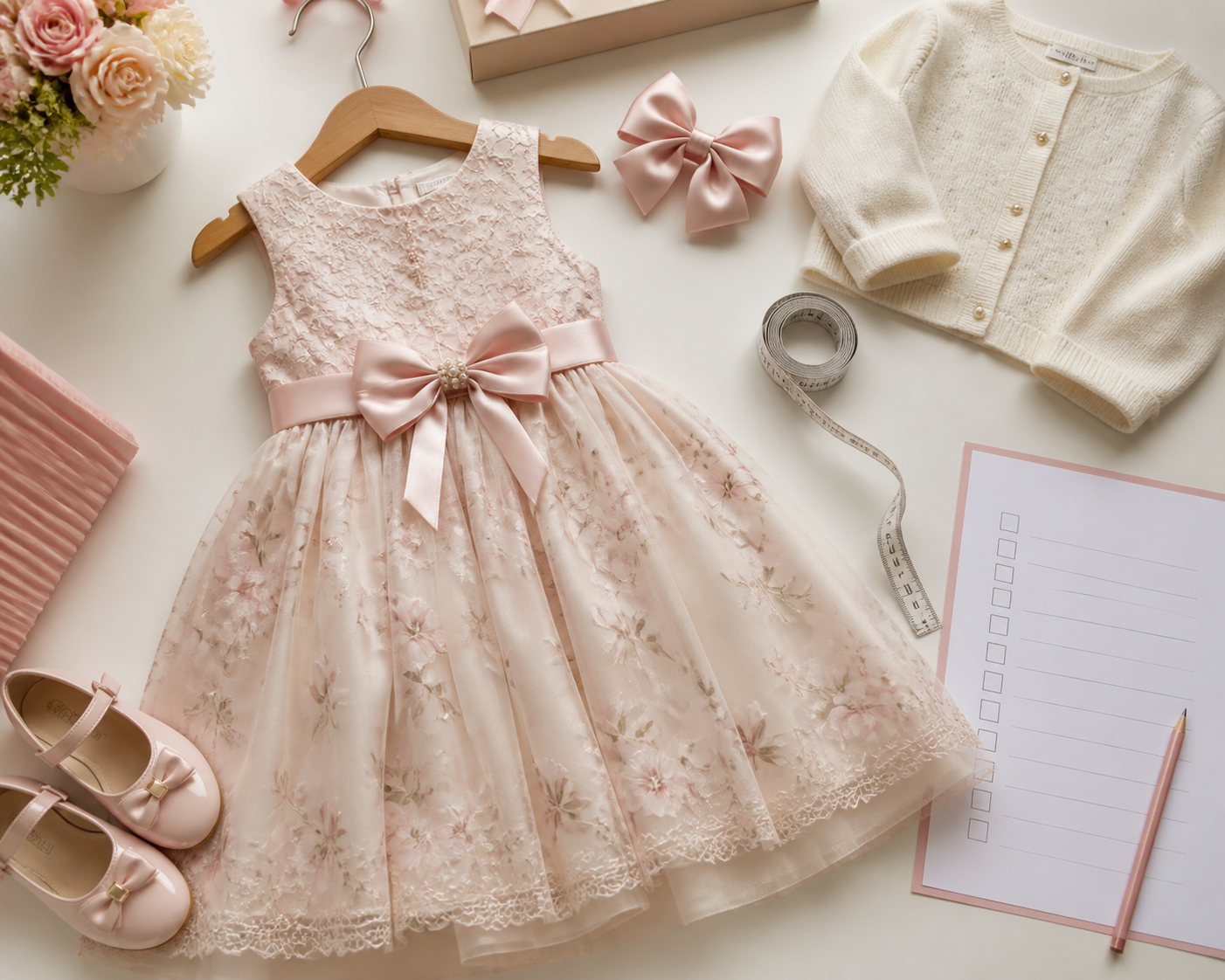 Vestido infantil de festa com fita métrica, laço, sapatinhos e casaquinho para planejar tamanho e acessórios