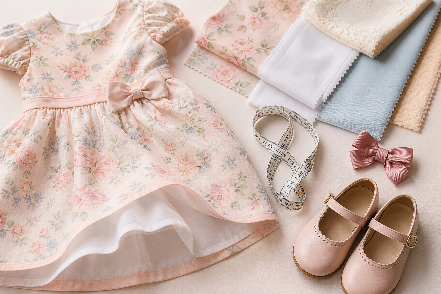 Vestido infantil de festa com tecidos, fita métrica, laço e sapatos