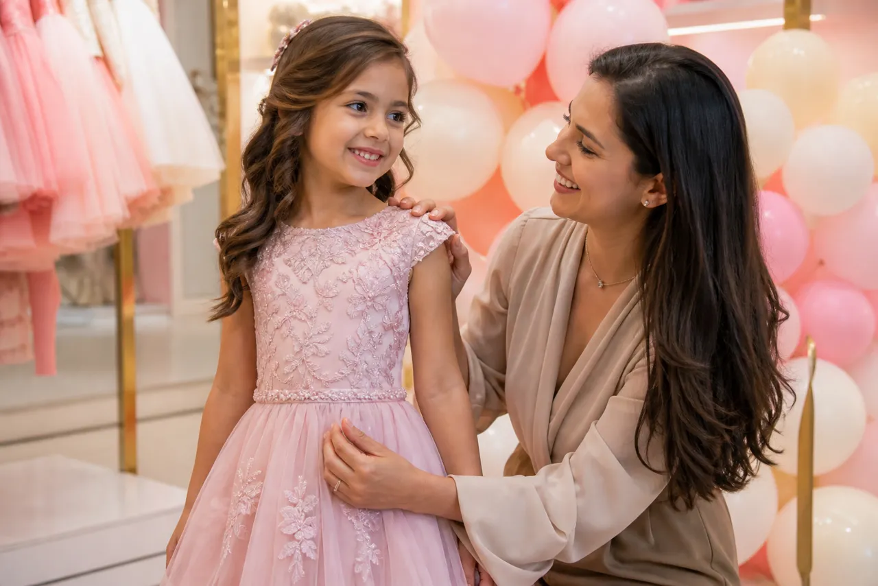 Menina usando vestido infantil rosa de festa enquanto a mãe confere caimento e conforto em ambiente de comemoração