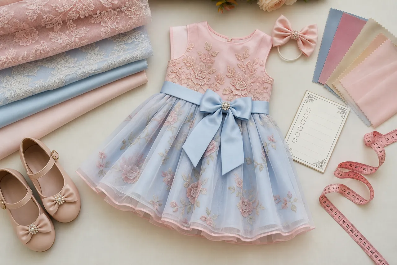 Vestido infantil de festa em flat lay com tecidos, laço, sapatos e fita métrica para conferir tamanho