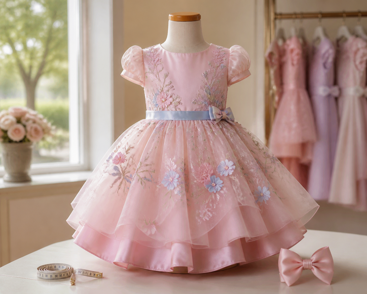 Vestido infantil de festa rosa em manequim de boutique com fita métrica para escolher tamanho no Papillon Park, Aparecida de Goiânia