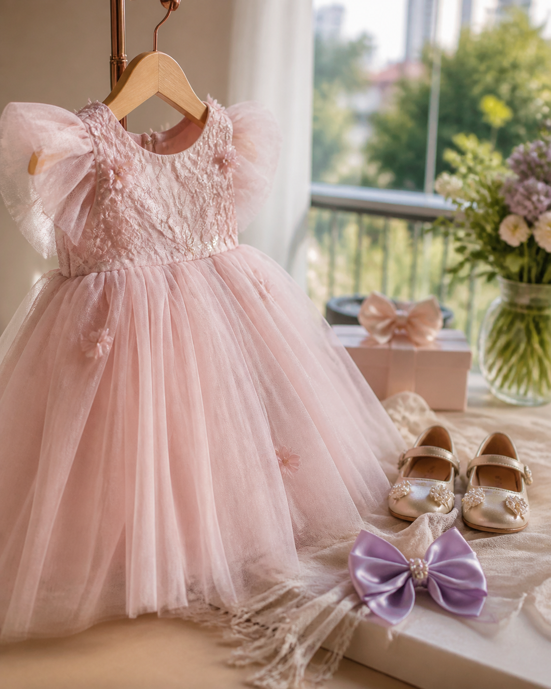 Vestido infantil rosa em cabide com sapatilha e laço para aniversário