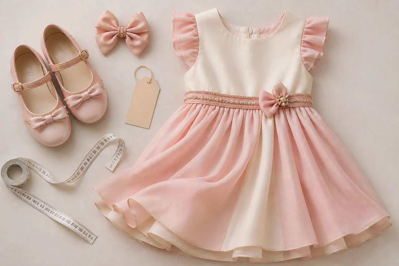 Vestido infantil de festa em flat lay com sapatos, laço e fita métrica para conferir tamanho