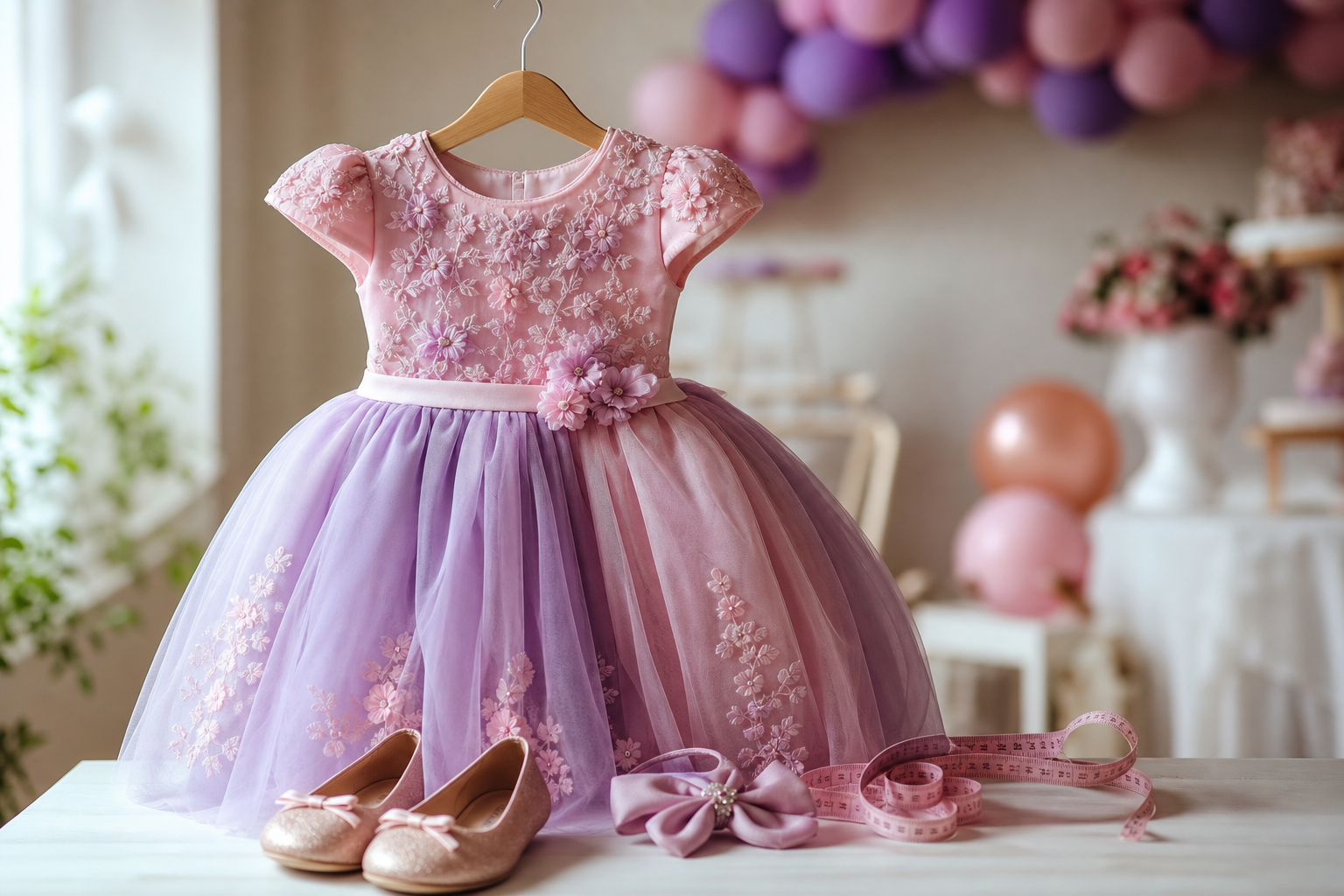 Vestido infantil de festa rosa e lilás com sapatilha, laço e fita métrica para escolher tamanho em São Simão
