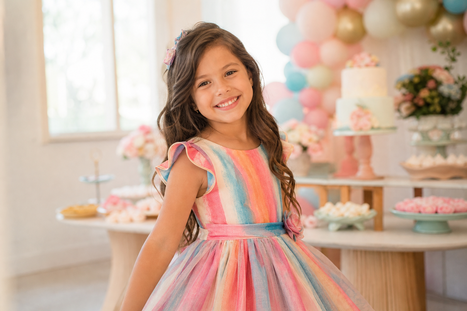 Menina usando vestido infantil colorido em festa de aniversário em Goiânia