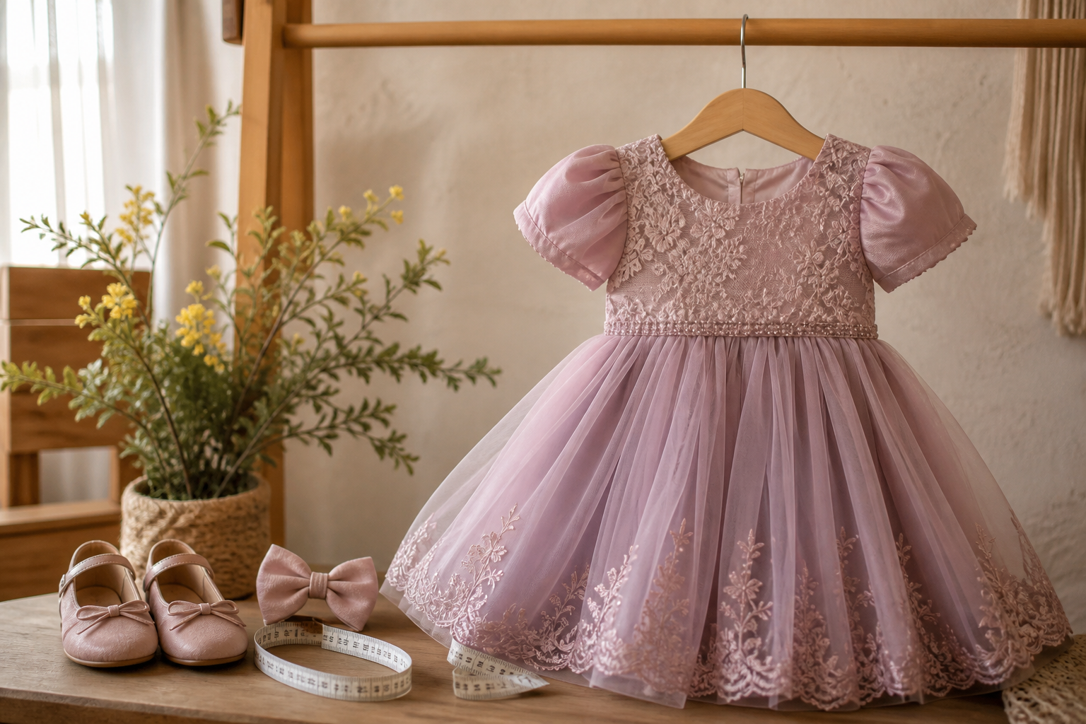 Vestido infantil de festa rosa com sapatilha, laço e fita métrica para escolher tamanho em Vianópolis