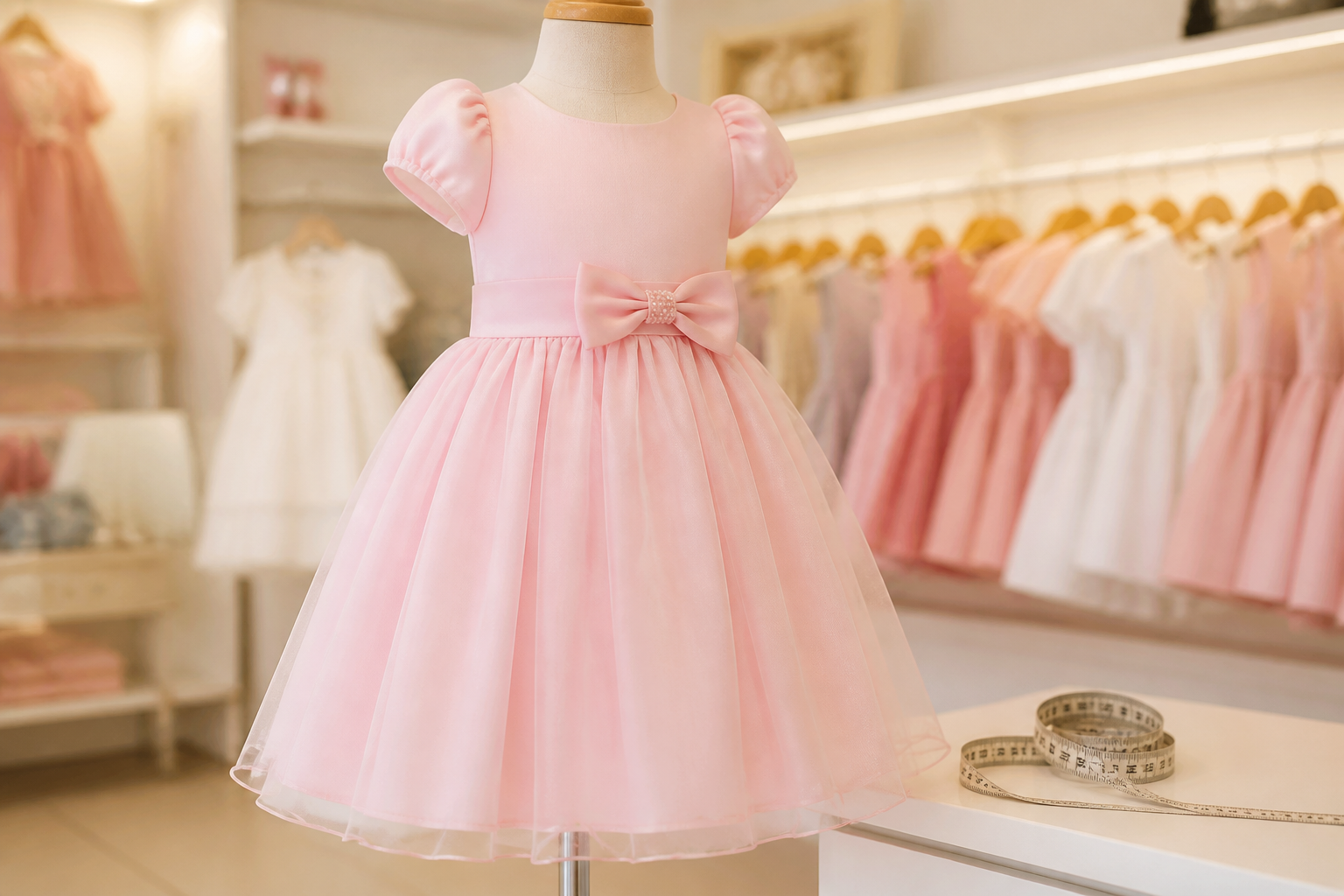 Vestido infantil de festa rosa em manequim com fita métrica para escolher tamanho no Vila Mutirão, Goiânia