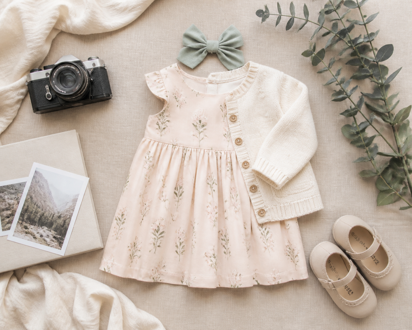 Vestido infantil cardigan sapato laço e acessórios para fotos de família