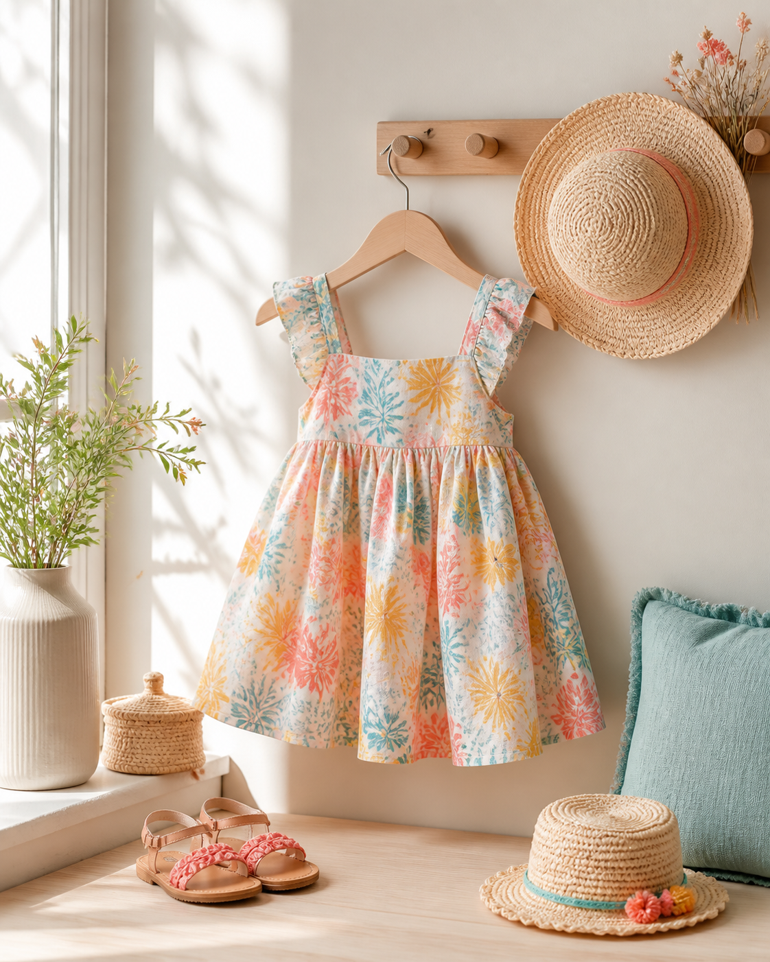 Vestido infantil leve de verão organizado com chapéu e sandálias