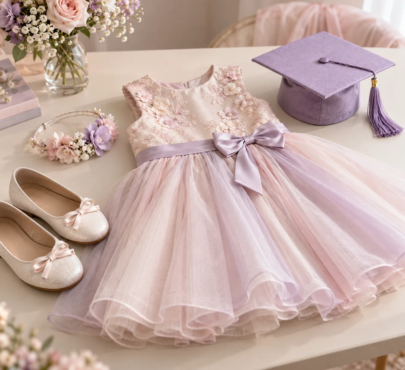 Acessórios para look infantil de colação de grau: sapatilha, tiara e capelo