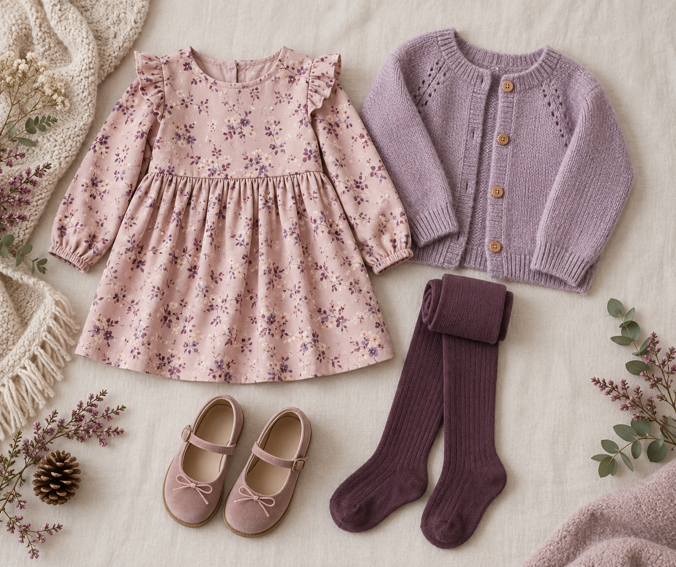 Vestido infantil com meia-calça vinho e cardigan de tricô para dias frios