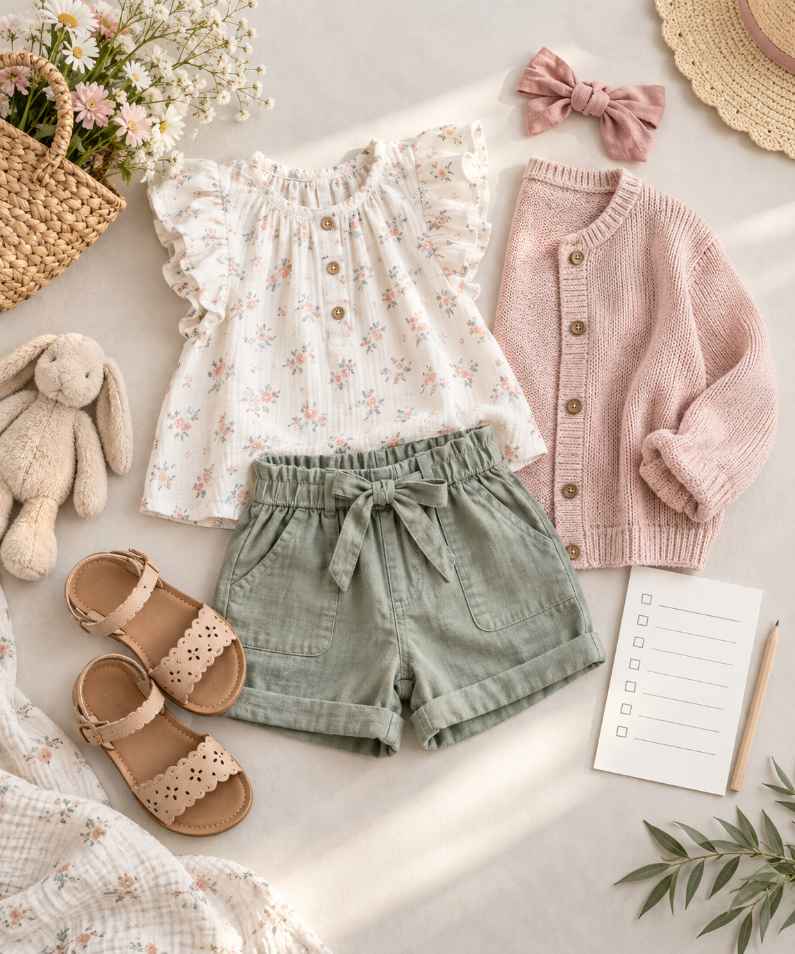 Planejamento de conjunto infantil feminino para passeio com roupas e acessórios